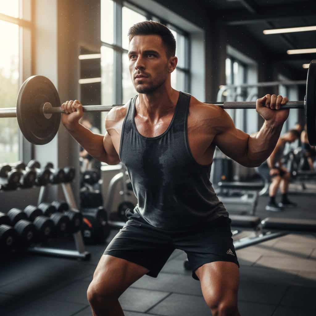 Muscular man performing barbell squat in professional gym with dramatic lighting