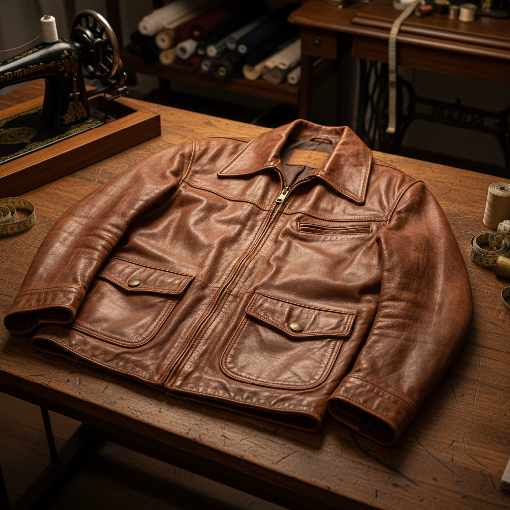 Brown leather jacket 1970s vintage on tailor table