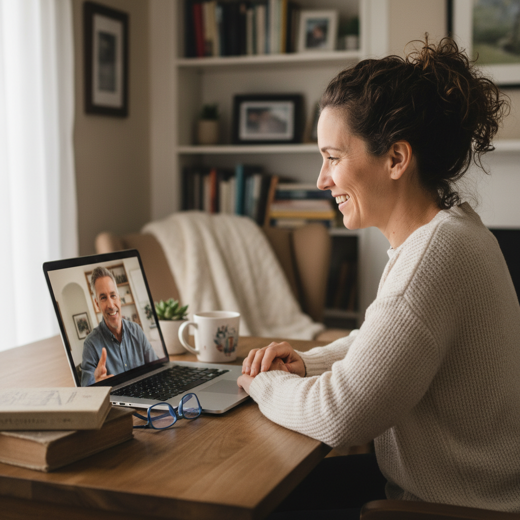 Person on video call smiling, home office setting, relaxed and engaged conversation