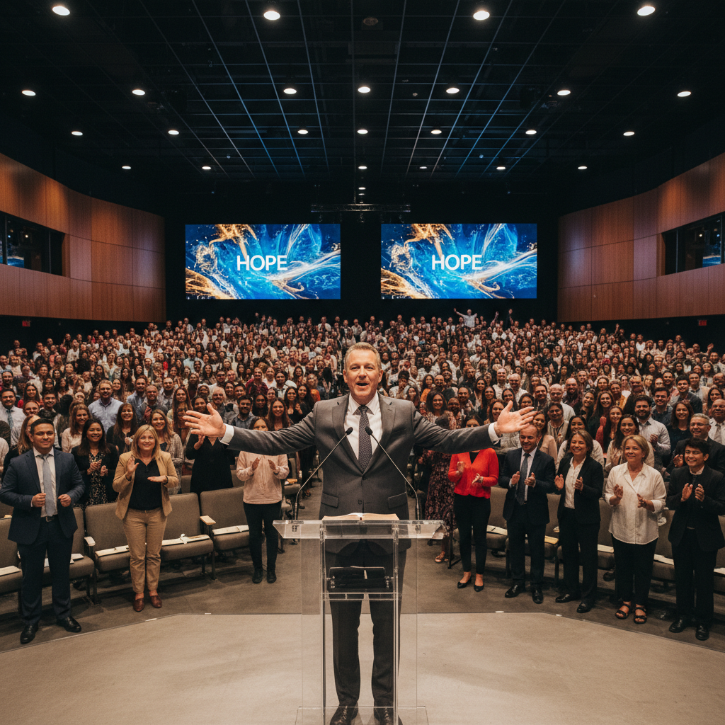 Speaker addressing large congregation with passion
