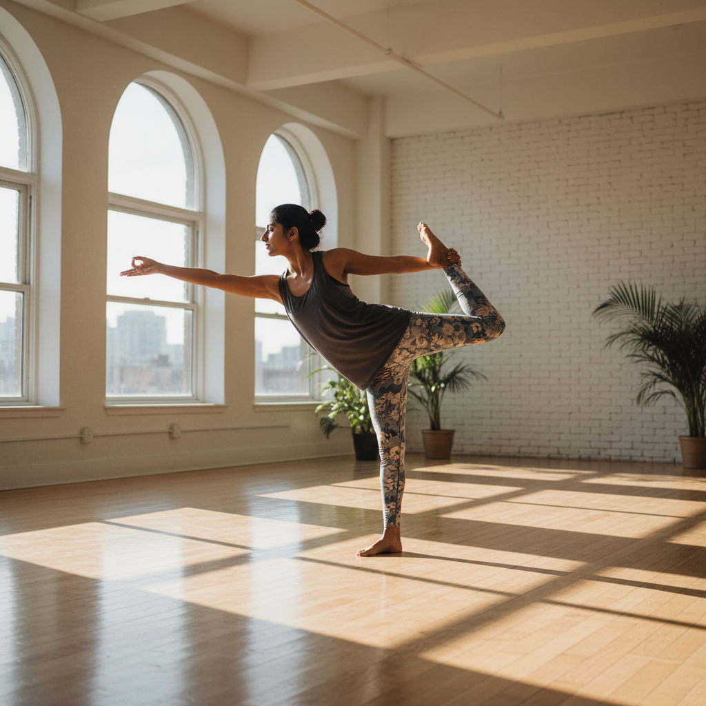 South Asian woman in yoga pose, bright serene studio, peaceful expression