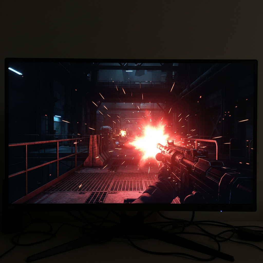 Dark gaming environment with dramatic neon lighting, deep shadows, intense atmospheric low-key industrial setting