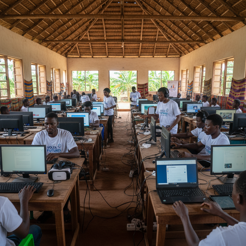 Young African students working on laptops in a bright classroom, learning digital skills