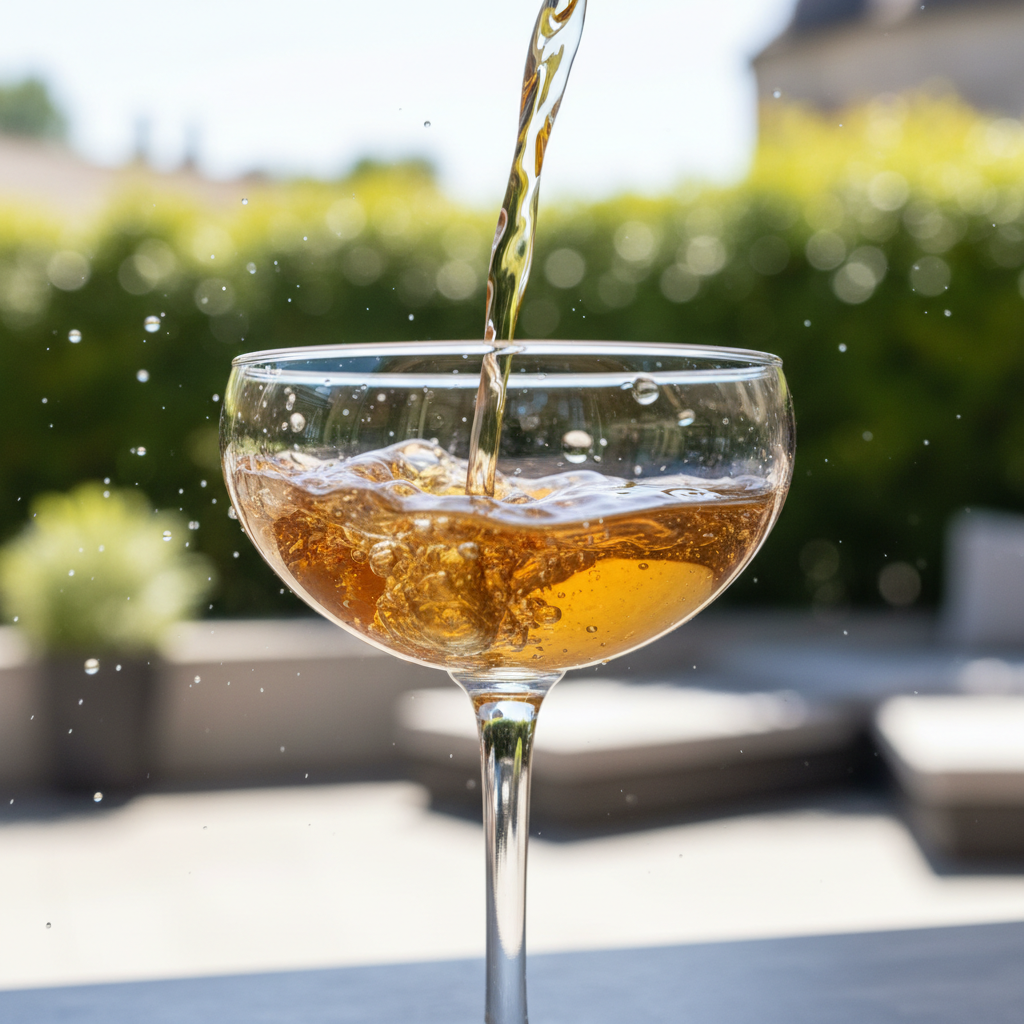 Coupe glass catching a clarified cocktail from a height pour