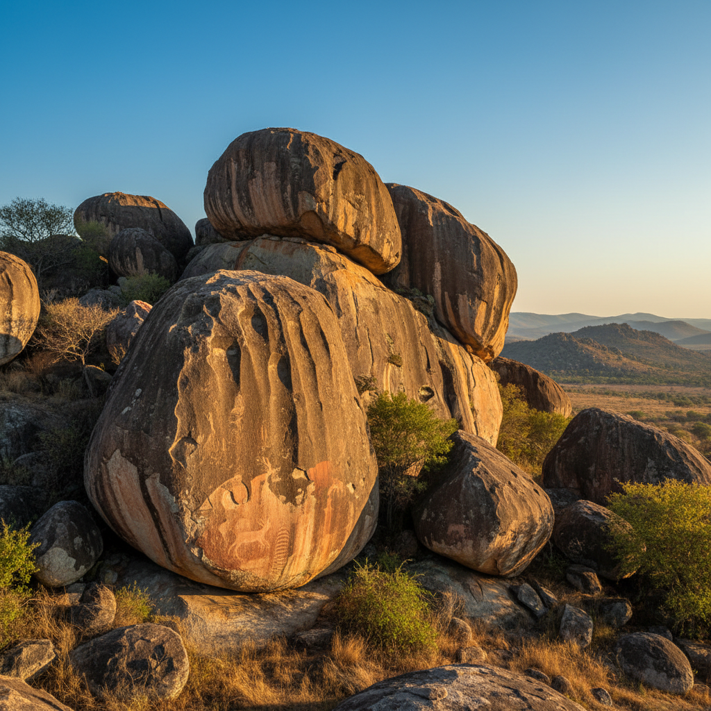 Dramatic balancing granite boulders in Matobo Hills National Park