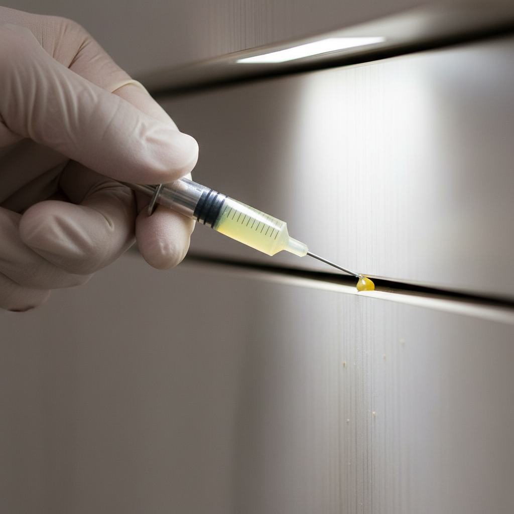 Close-up of precise gel bait application with syringe tool in cabinet crevice