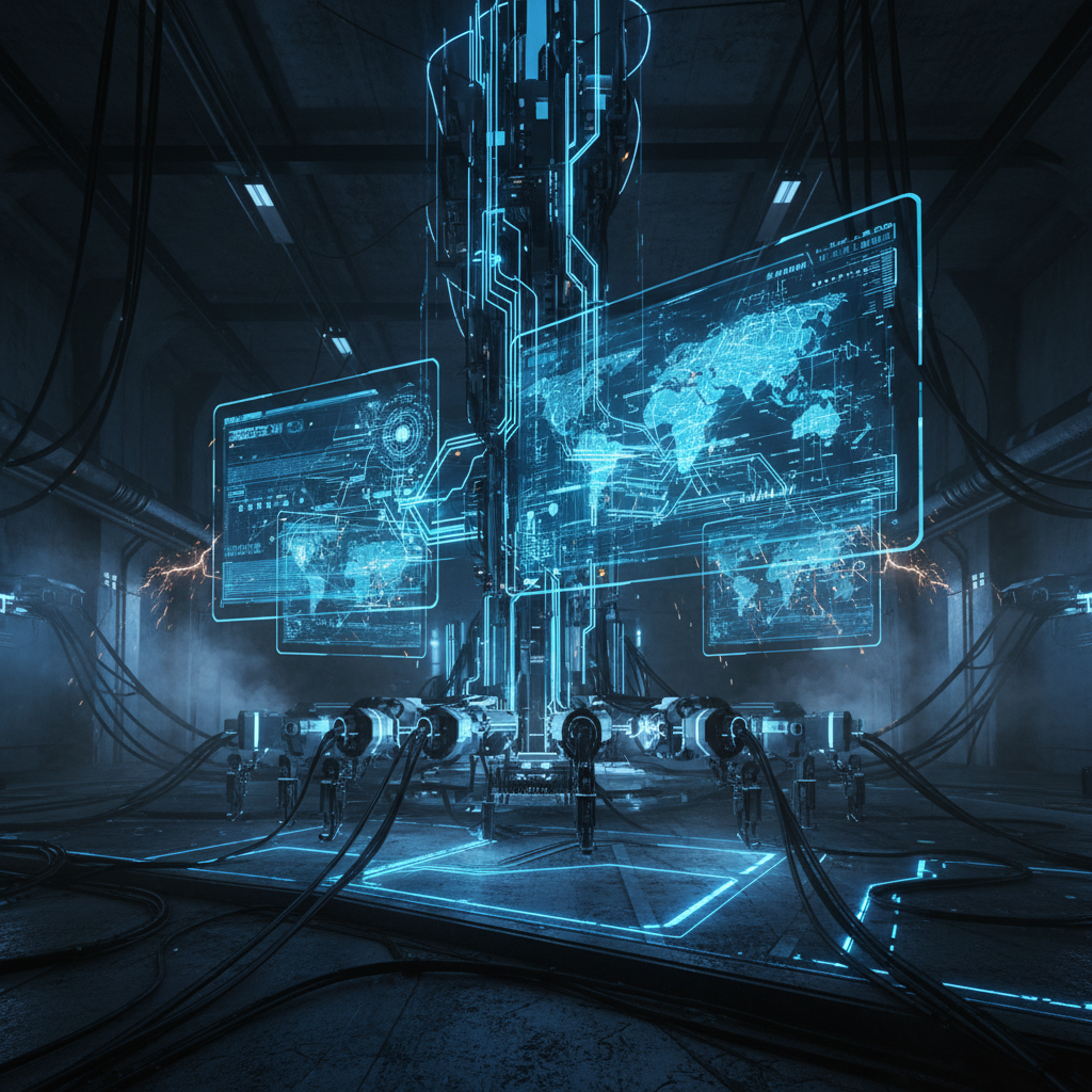 Dark futuristic tech environment with code screens, deep blue atmosphere