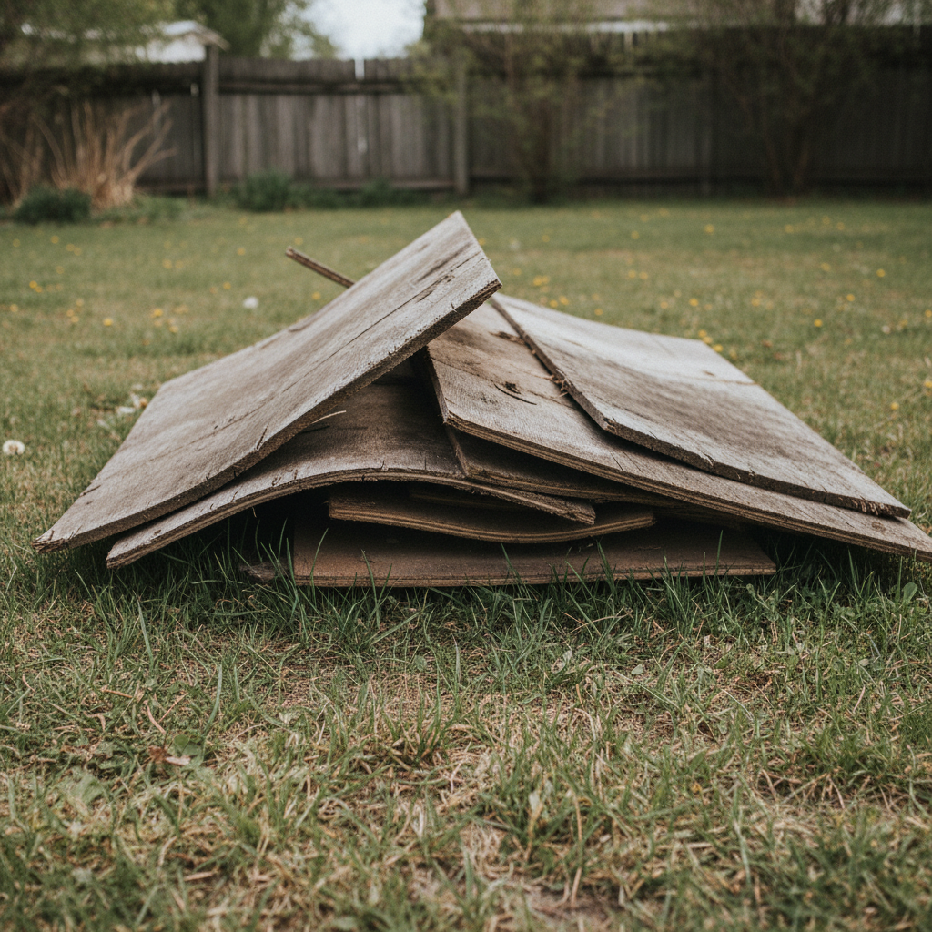 Old crooked backyard plywood boards on uneven grass