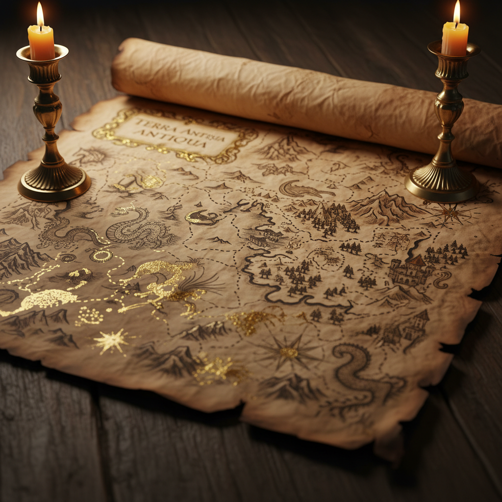 Mapa histórico antiguo de pergamino con ilustraciones cartográficas detalladas sobre fondo oscuro