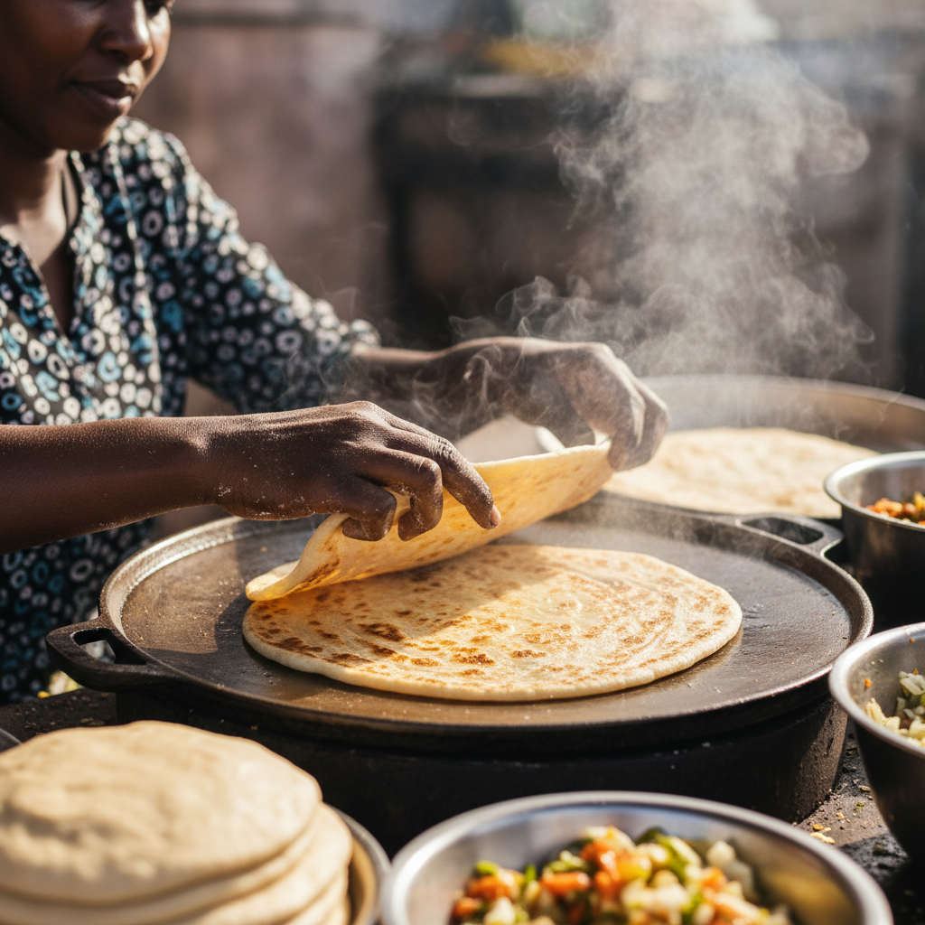Ugandan woman cooking rolex chapati on a flat griddle, steam rising
