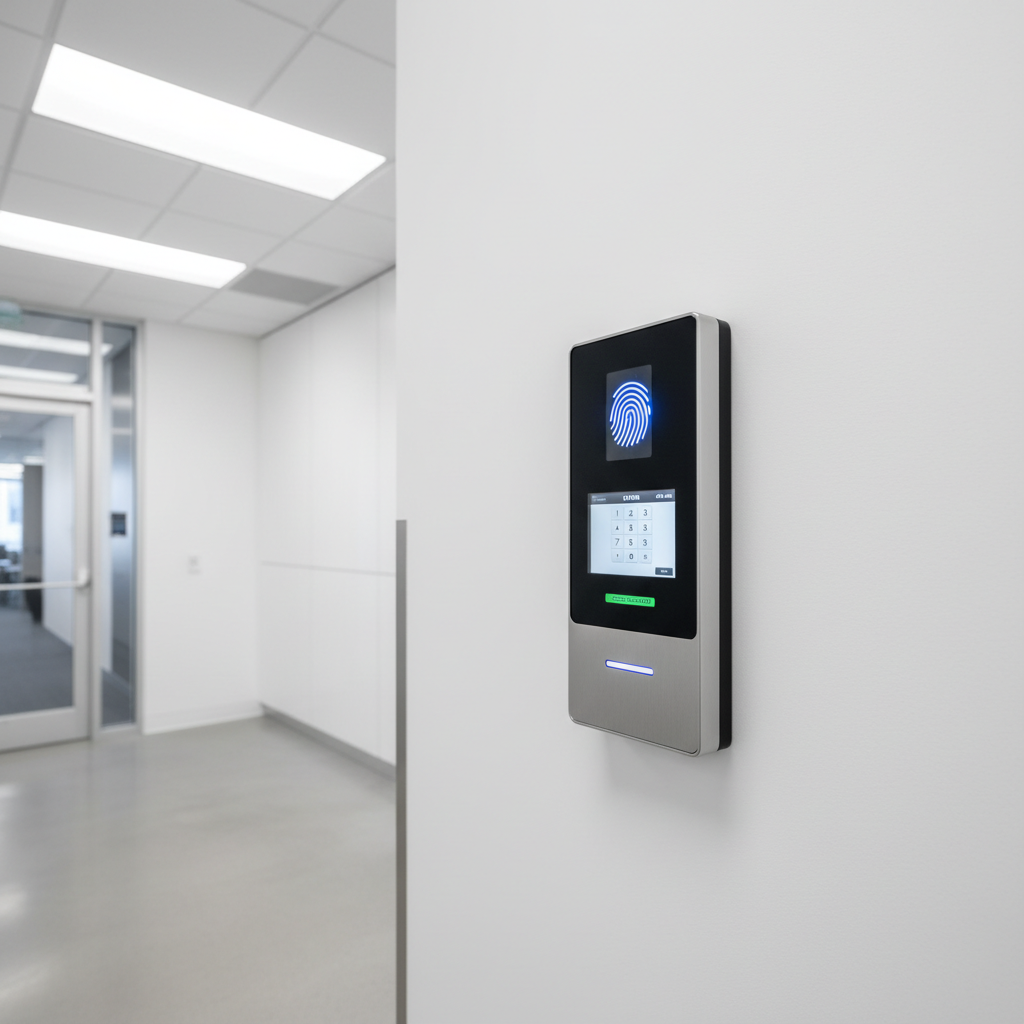 Access control biometric reader panel in modern office corridor, bright environment