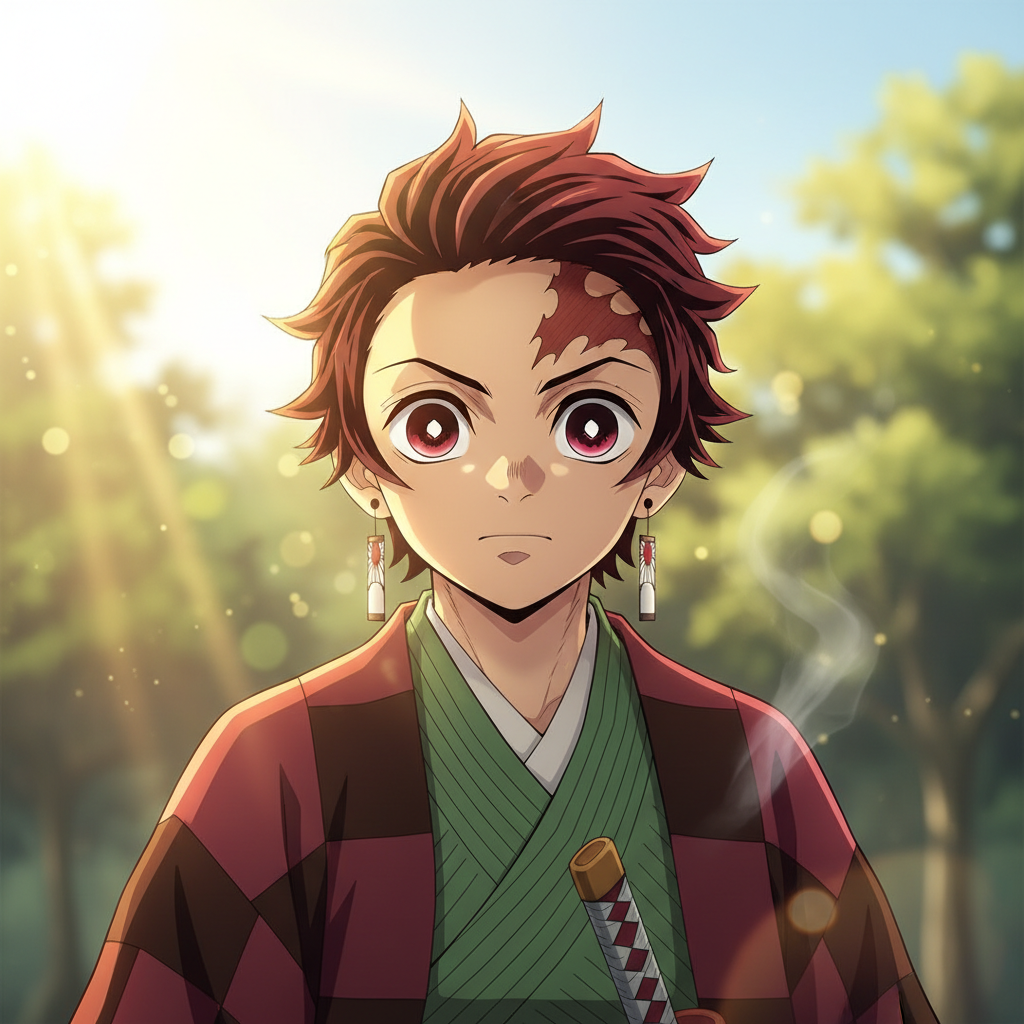 Demon Slayer anime key visual with Tanjiro in checkered kimono wielding a katana