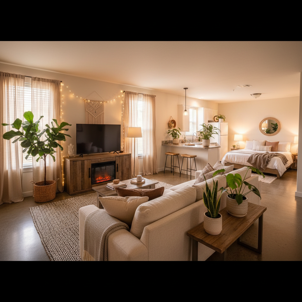 Small cozy apartment living area with smart storage, warm textiles, plants, and layered lighting in bright open space