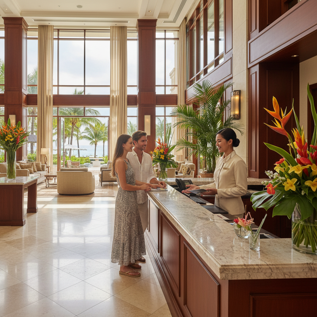 Professional concierge service at luxury tropical resort reception desk