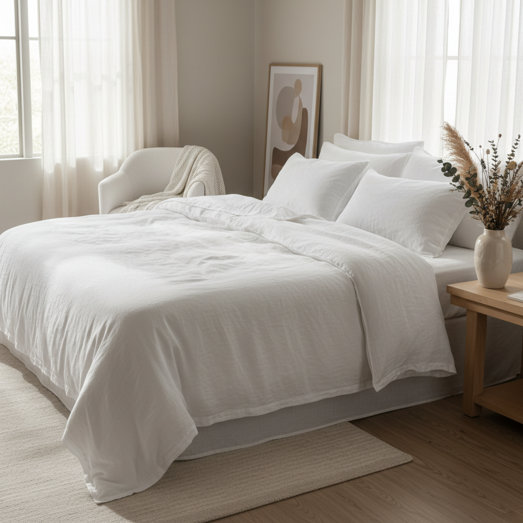 Primary bedroom suite with layered neutral textiles and warm ambient lighting — soft natural daylight