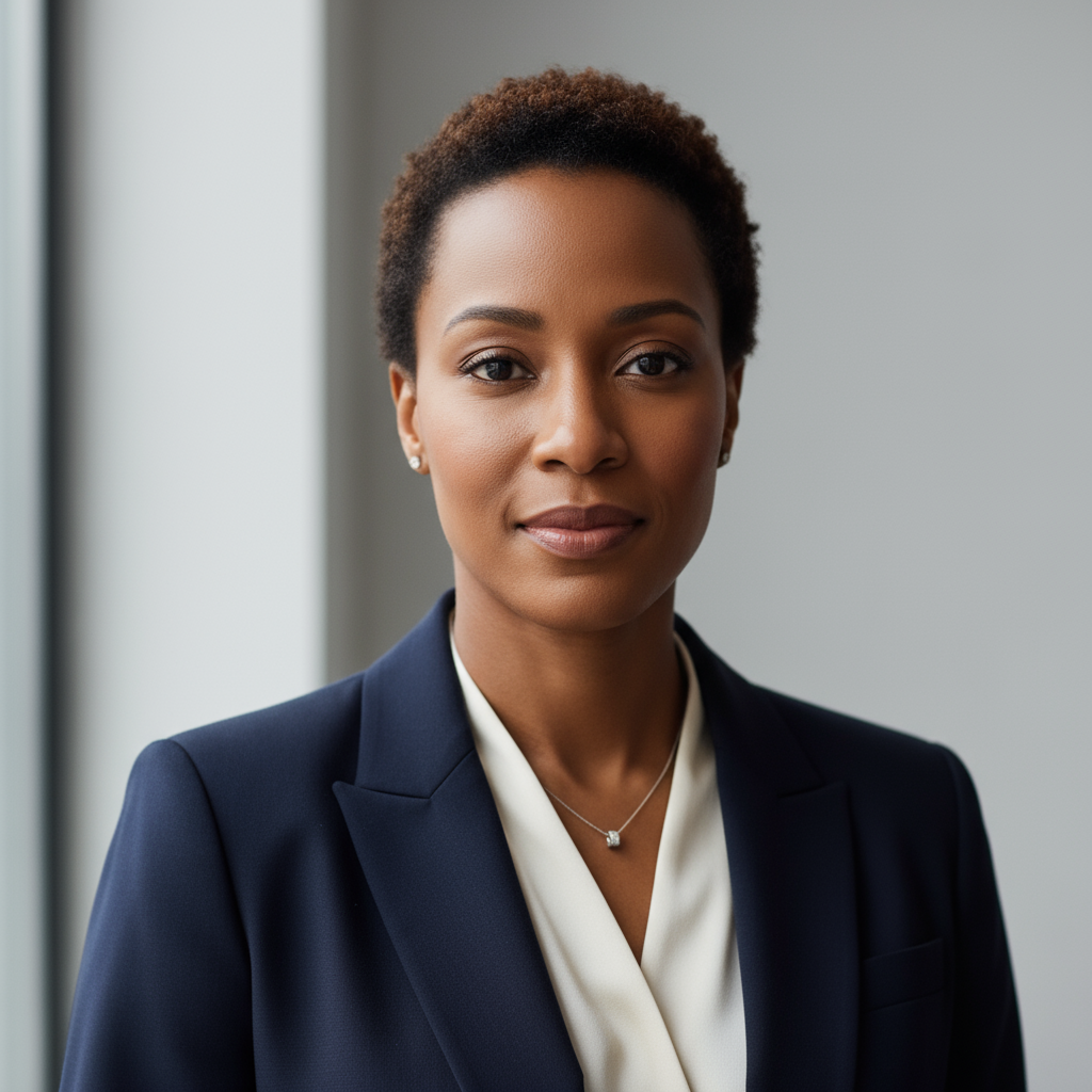 Professional headshot of a South African woman in office attire, neutral background
