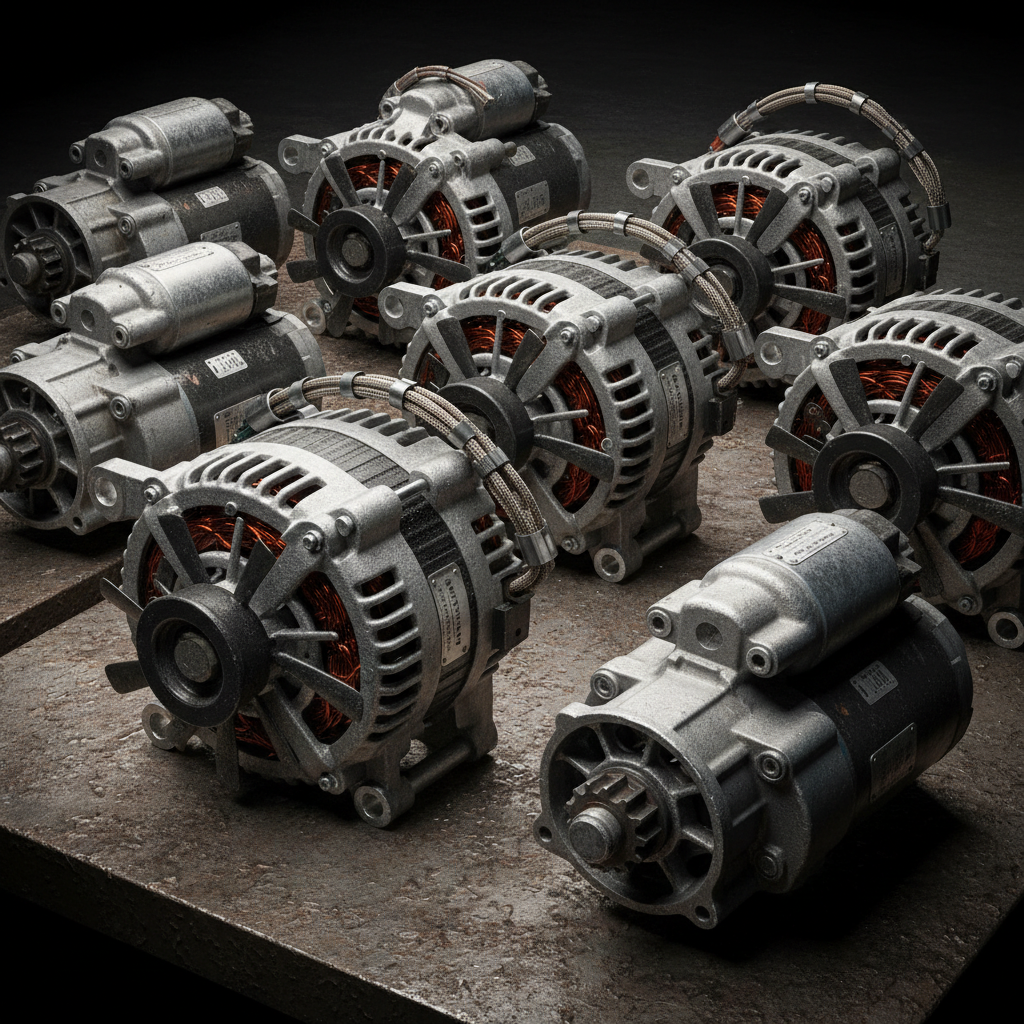 Alternator and starter motor on dark workshop floor with low-key lighting