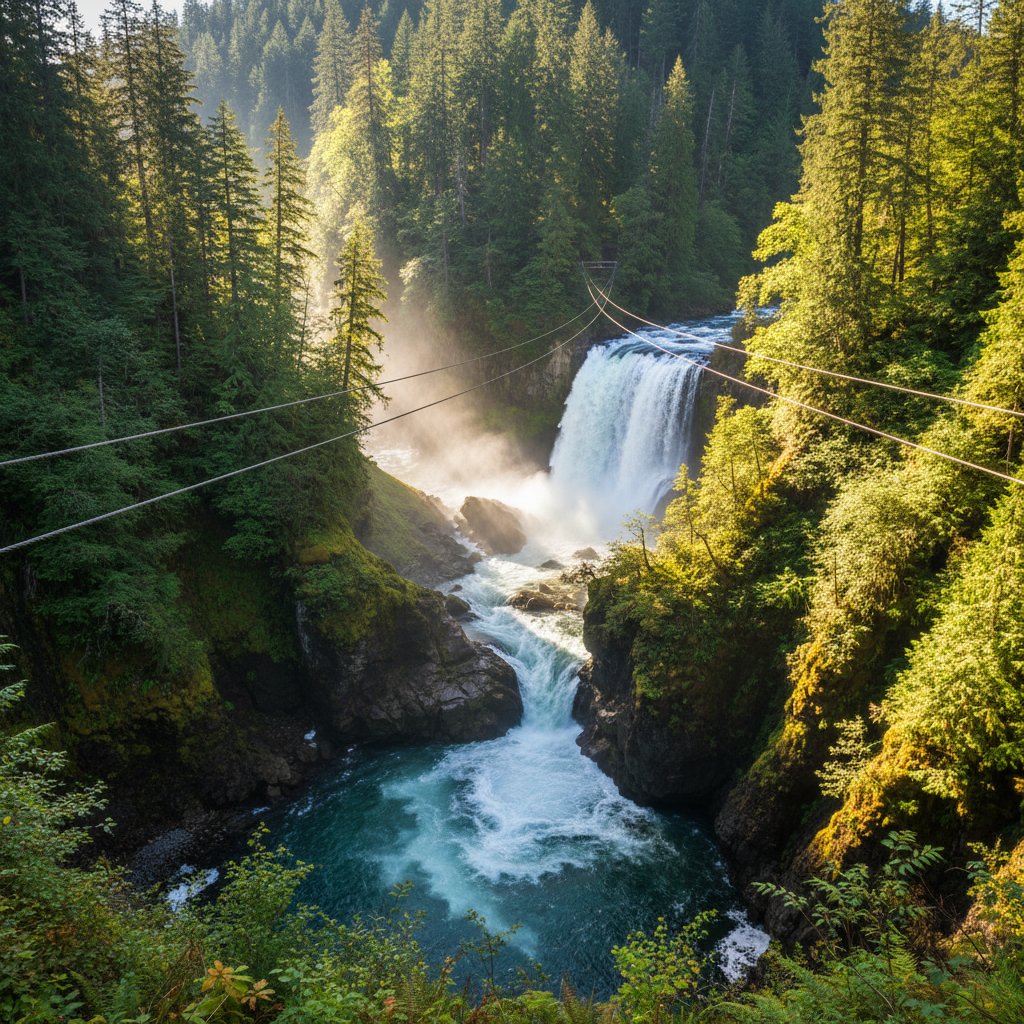 Waterfall gorge with two parallel zip line cables visible above rushing water and forested canyon walls