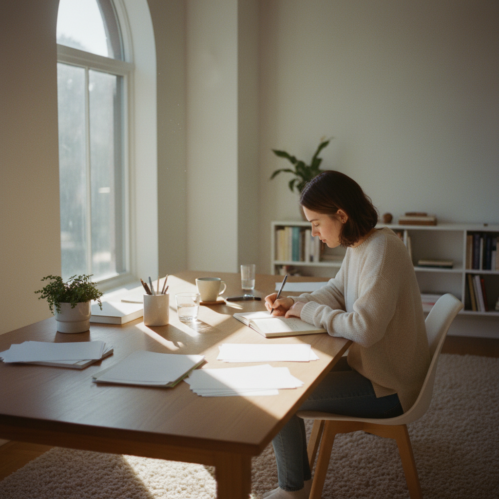 Organized workspace with notebook and pen on clean white desk, bright airy natural lighting
