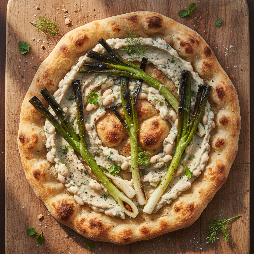 Rustic flatbread with charred spring onions and white bean spread overhead