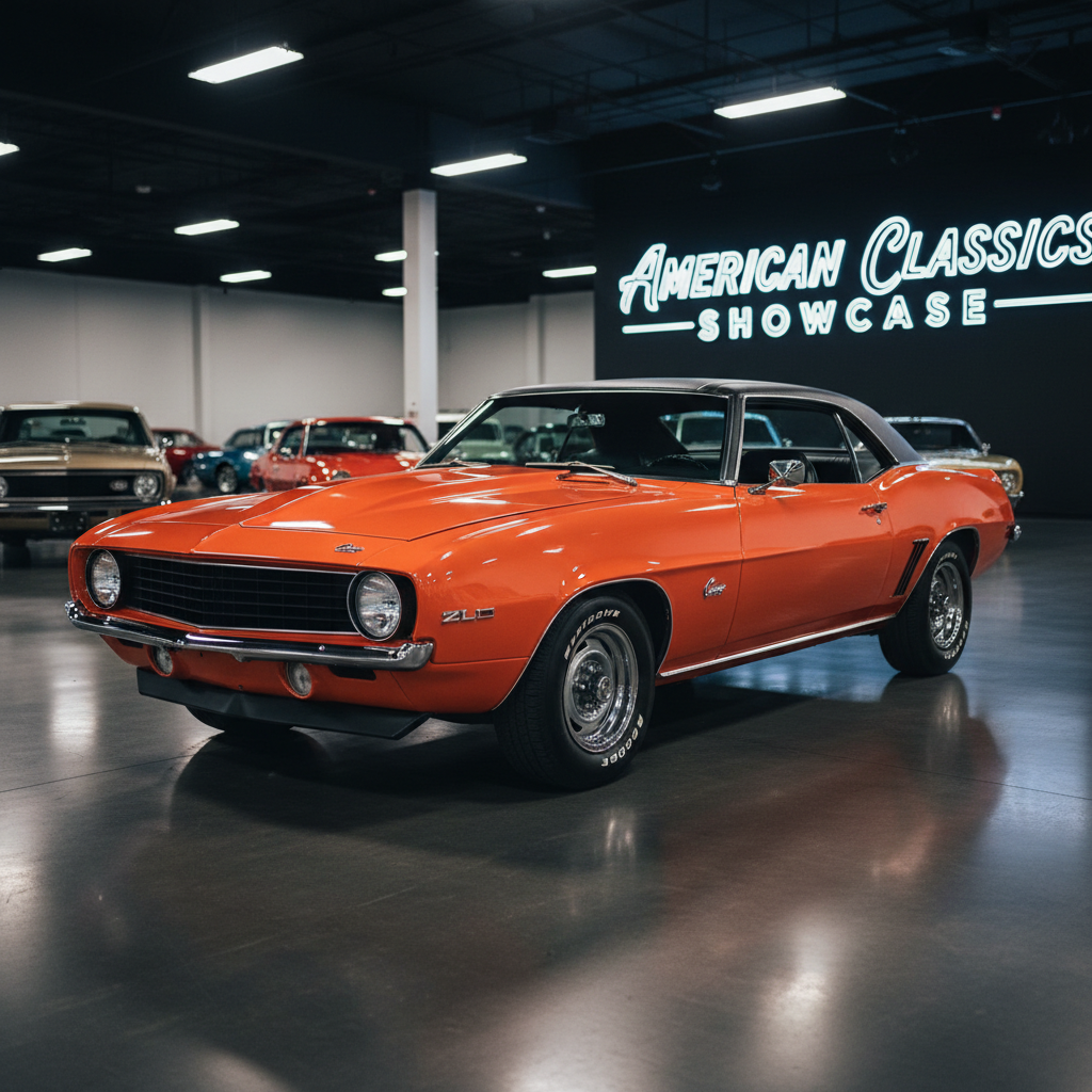 Orange 1969 Chevrolet Camaro ZL1 COPO in show hall lighting