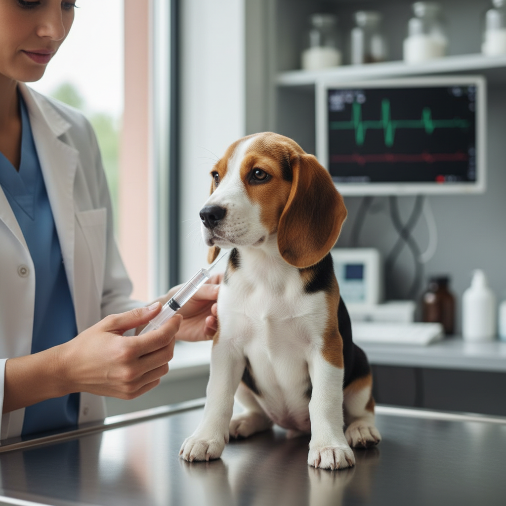 Veterinary nurse administering a vaccination to a small dog