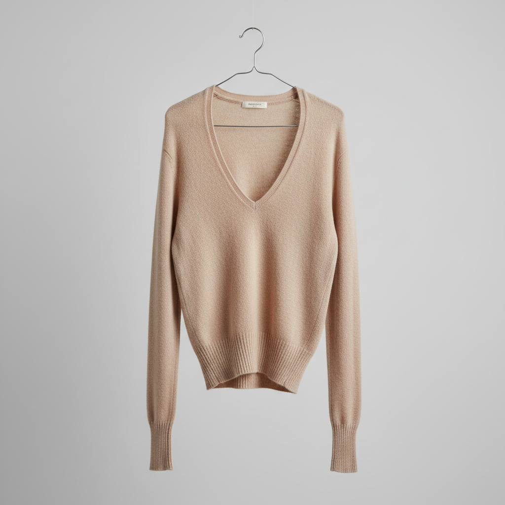 Grey wool sweater on hanger, clean white background, fashion product shot