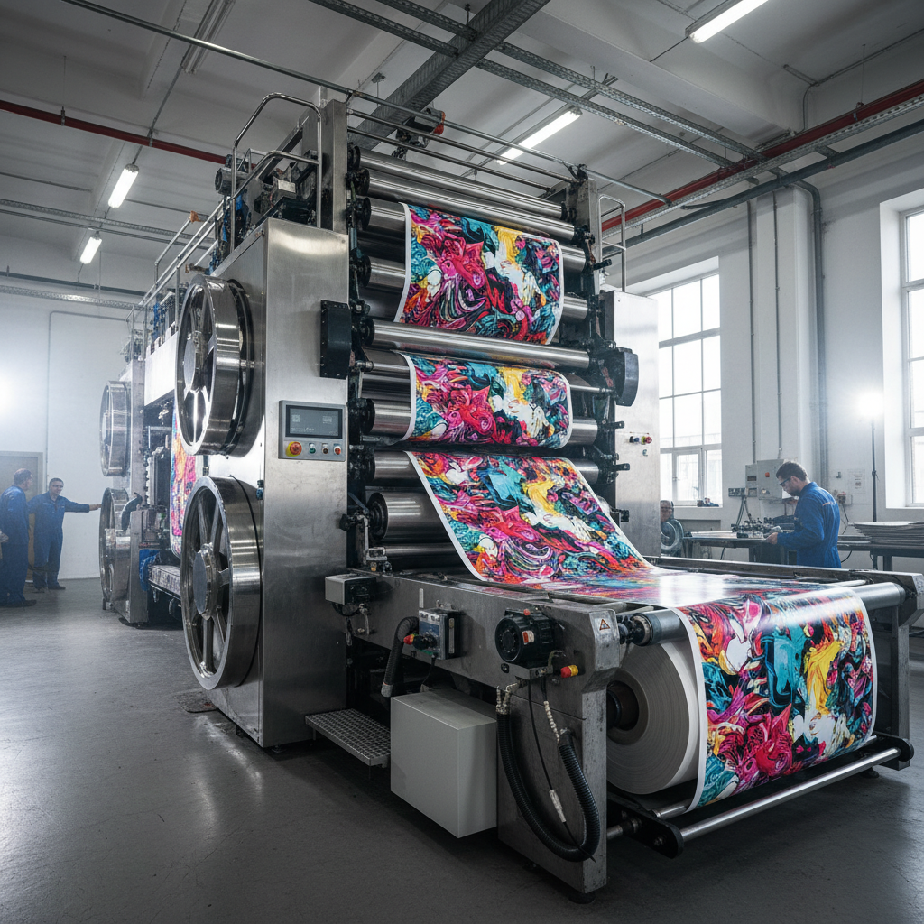 Large format printing press in operation with vibrant color output