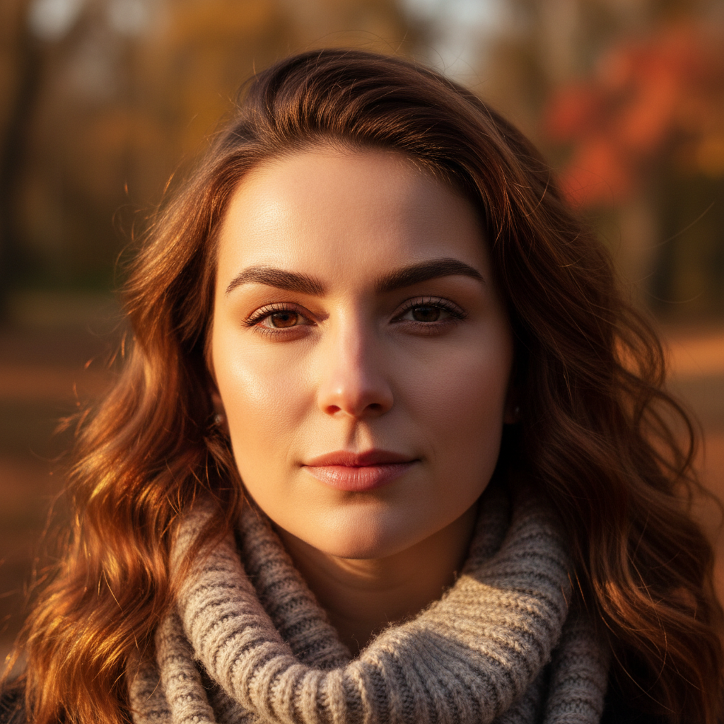Woman with beautiful defined eyebrows, natural makeup, bright natural light