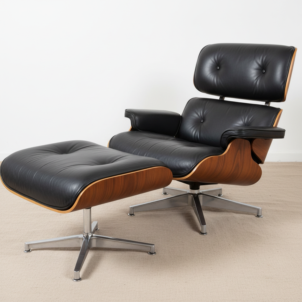 Iconic mid-century lounge chair with leather cushions and rosewood veneer shell