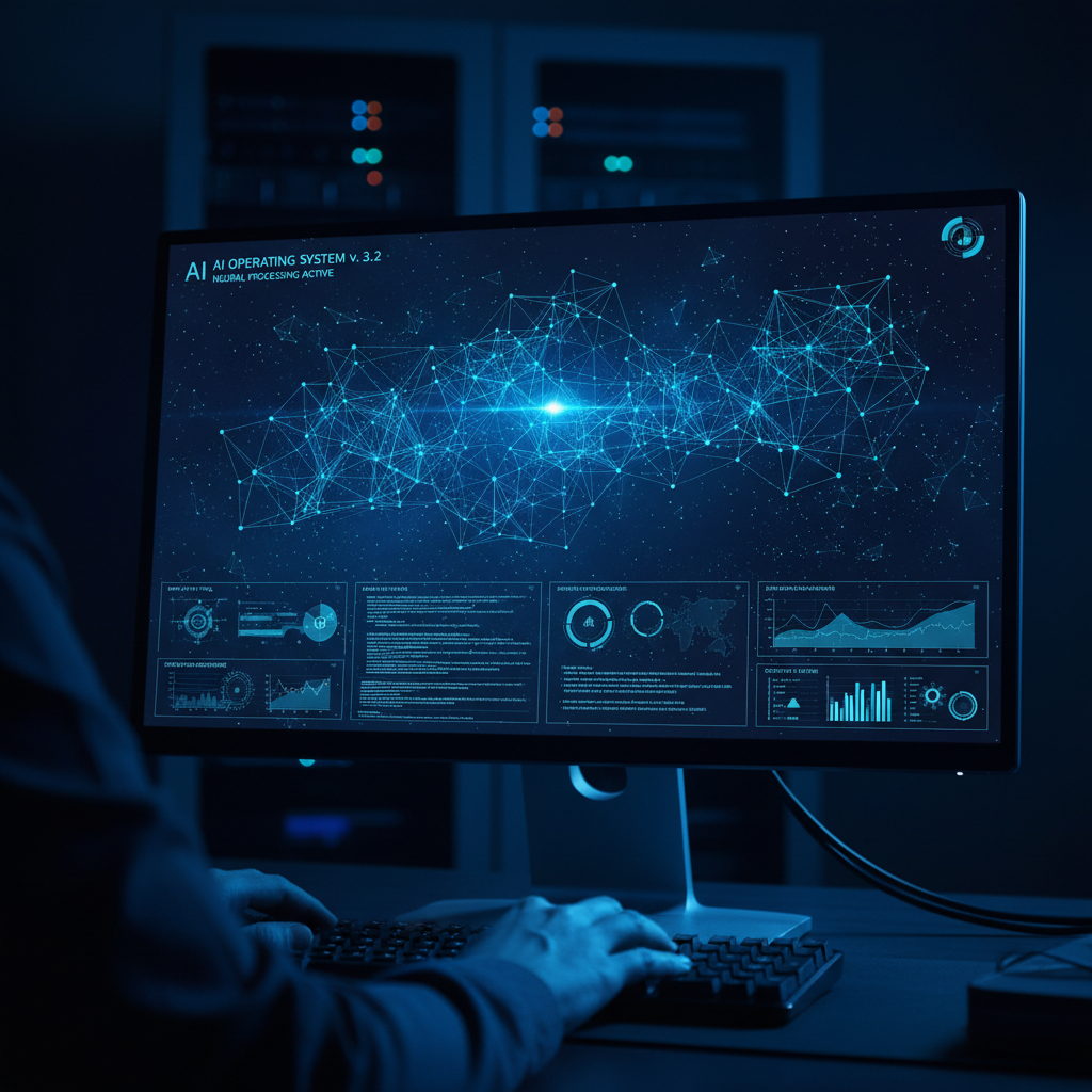Glowing AI interface on dark screen, blue digital elements, tech workspace, low-key lighting