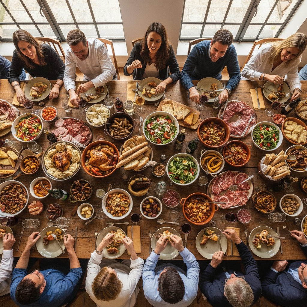 Long communal table from above with overlapping platters, wine glasses half-full, guests reaching for bread