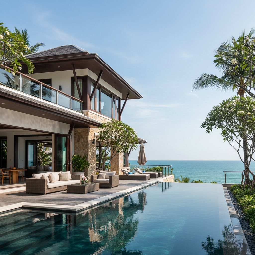 Hillside villa with infinity pool overlooking Andaman Sea in Phuket Thailand at sunset