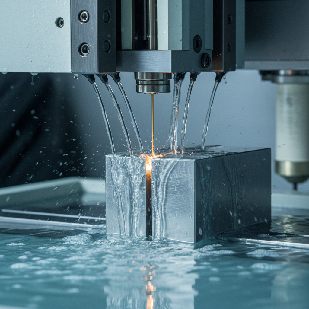 Wire EDM machine in operation cutting die steel insert with visible dielectric fluid and precision cutting wire