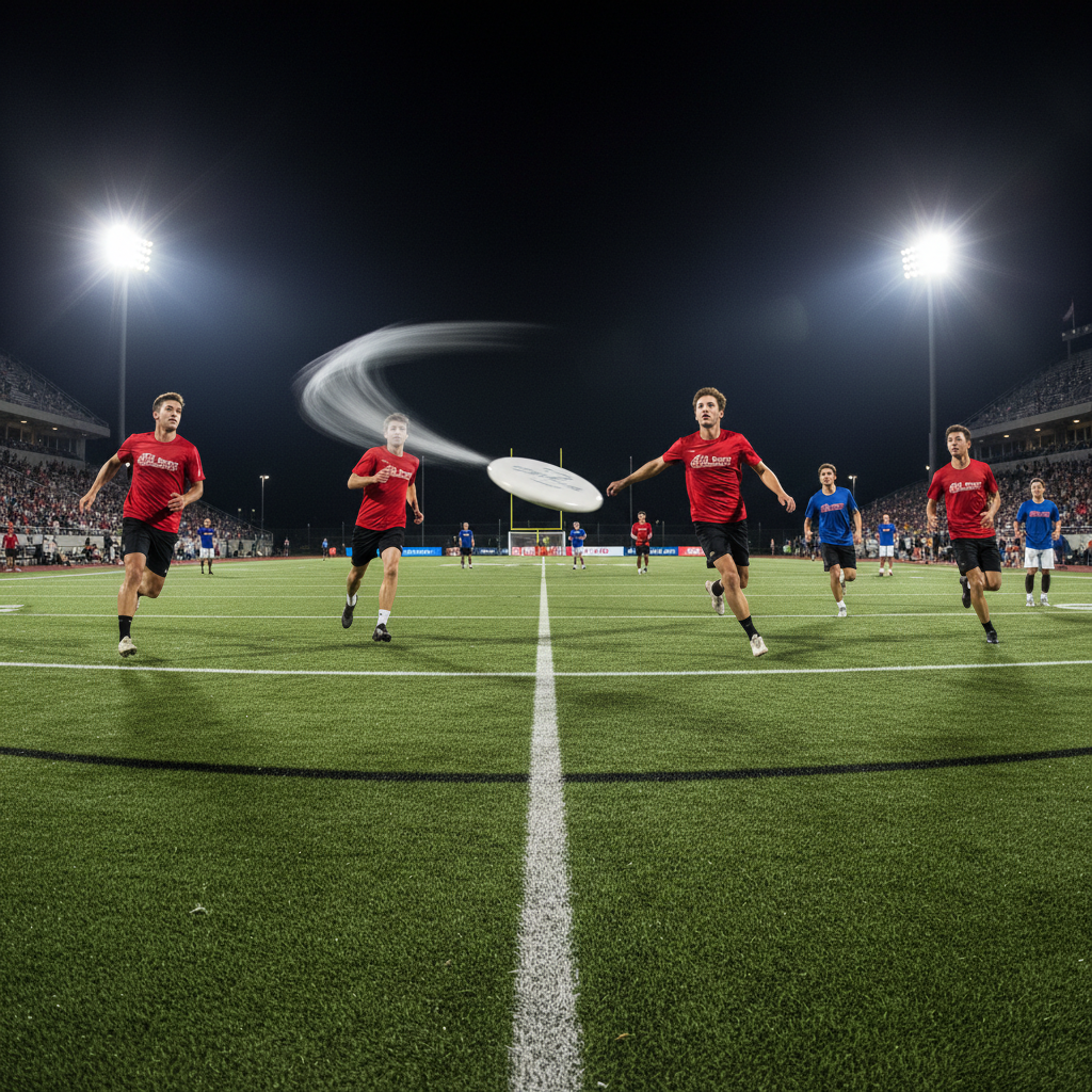 Wide-angle view of tournament-grade ultimate frisbee field at night under full stadium lighting, disc in flight at midfield, two teams in competition