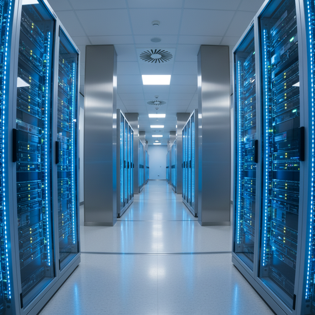 Server racks in a modern data center facility with blue LED lighting