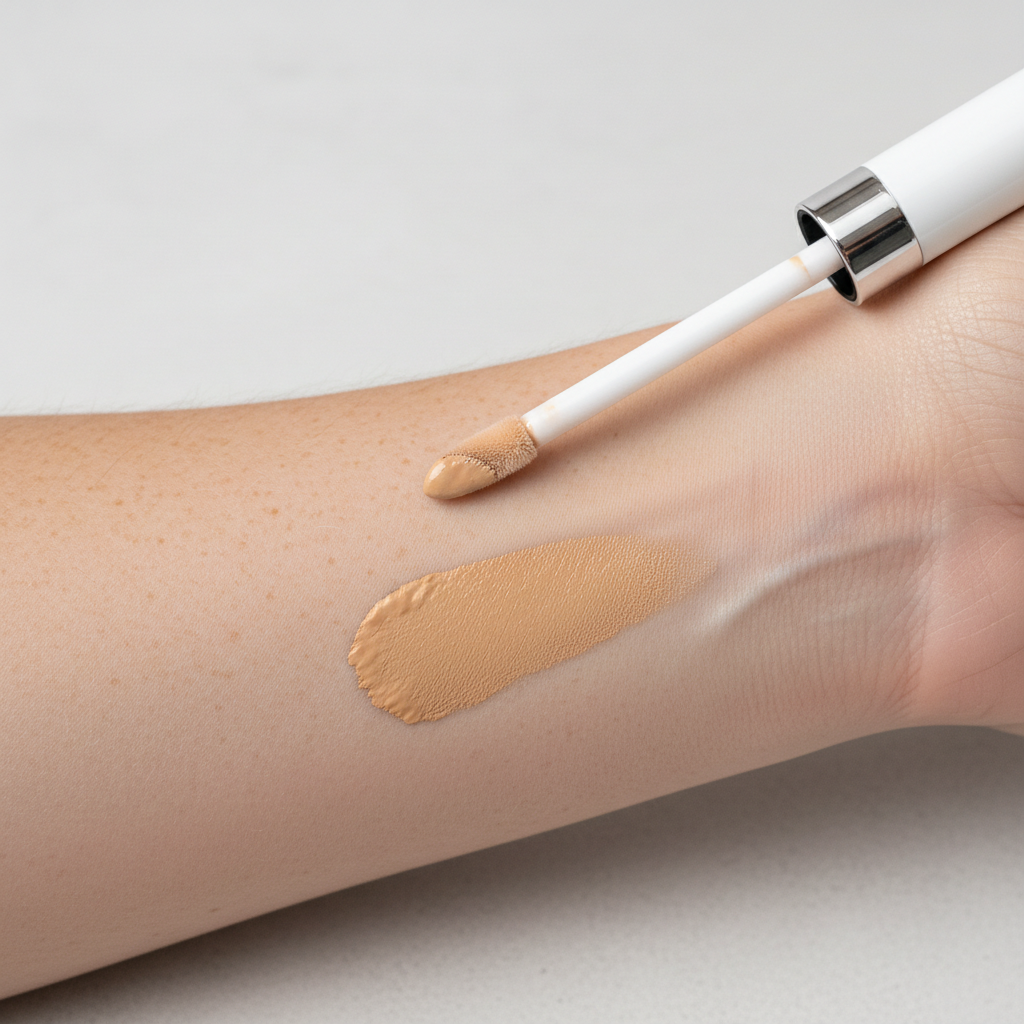 Concealer wand with warm beige shade swatched on light skin tone forearm