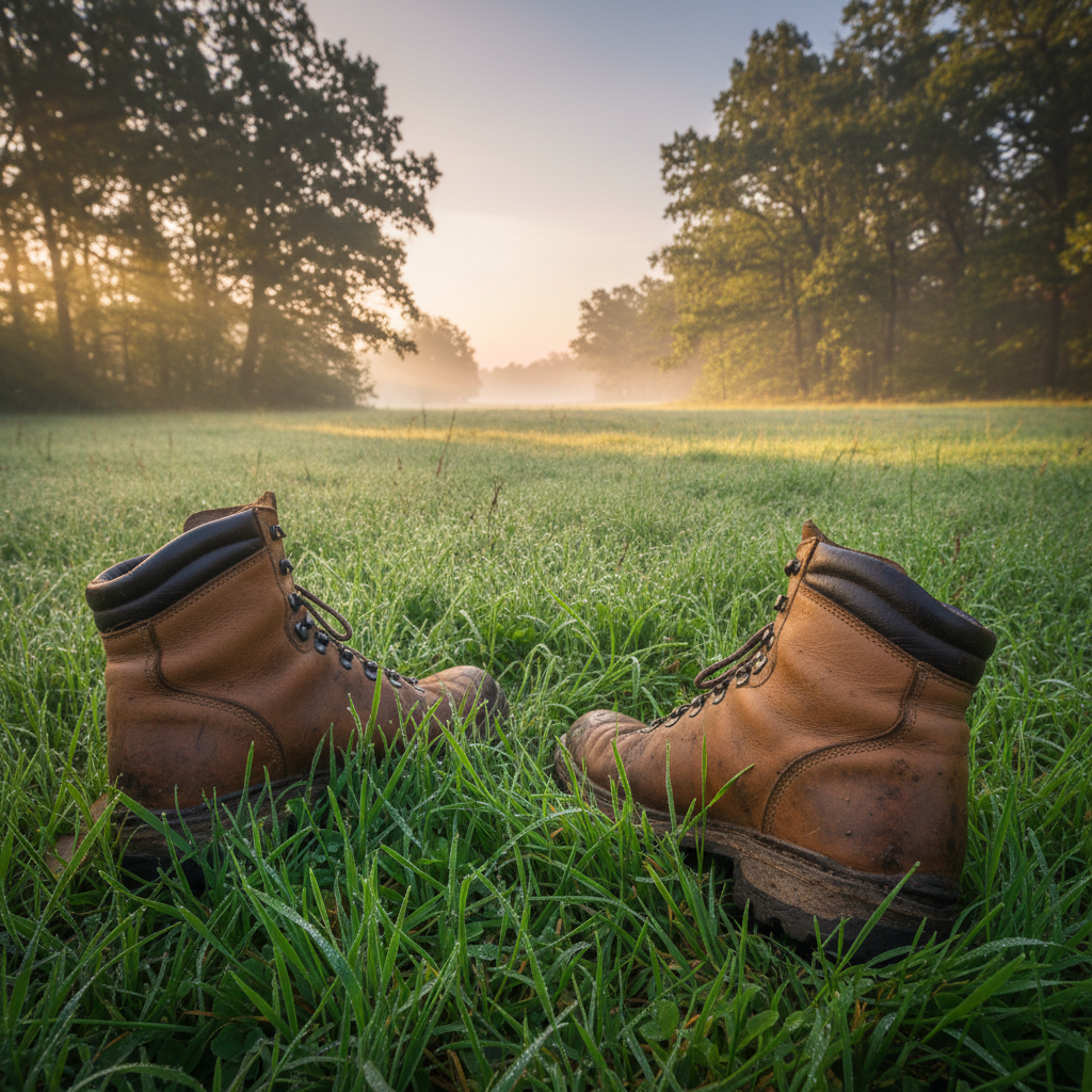Boots on wet dewy grass at dawn, forest floor visible, morning light filtering through trees