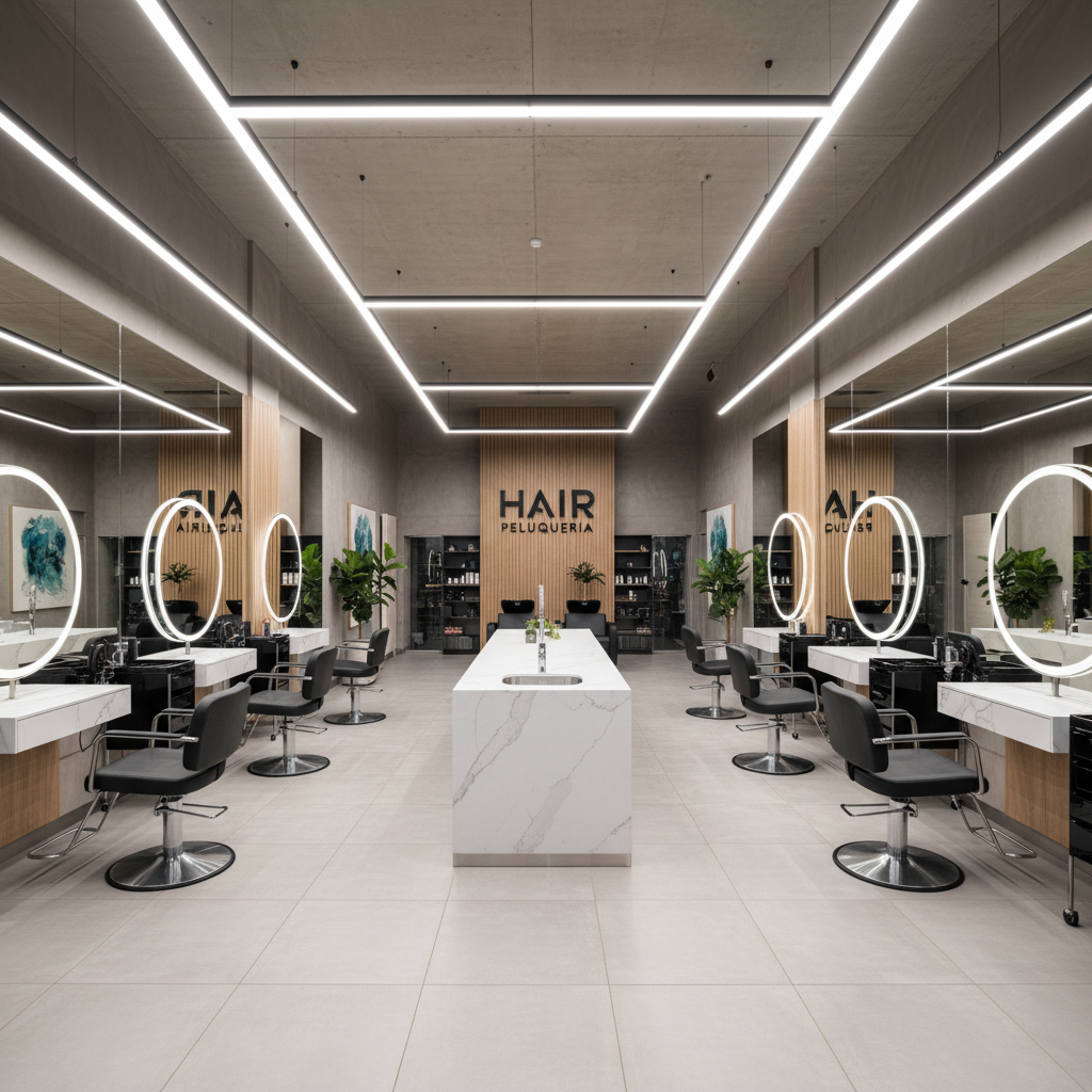 Elegant modern hair salon interior with white styling chairs, soft lighting, and minimalist decor