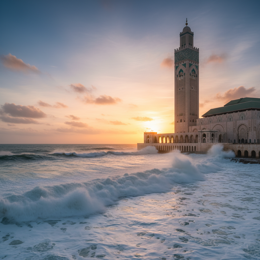 Hassan II Mosque in Casablanca Morocco with ocean backdrop and towering minaret
