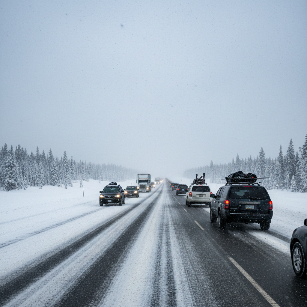 Canadian highway in winter with snow-covered landscape showing the challenging driving conditions that influence vehicle choices in Canada