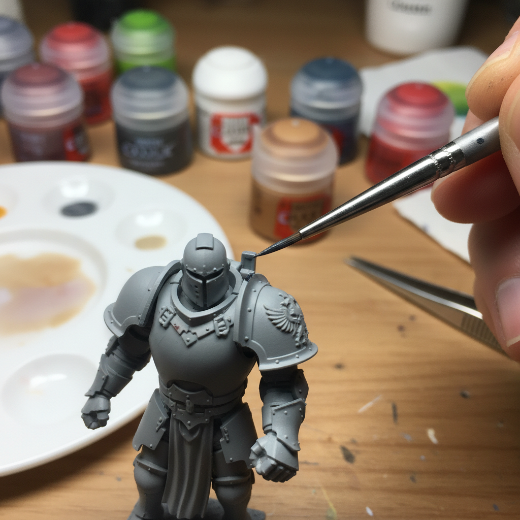 Close-up of sable hair brush painting tiny model figure details