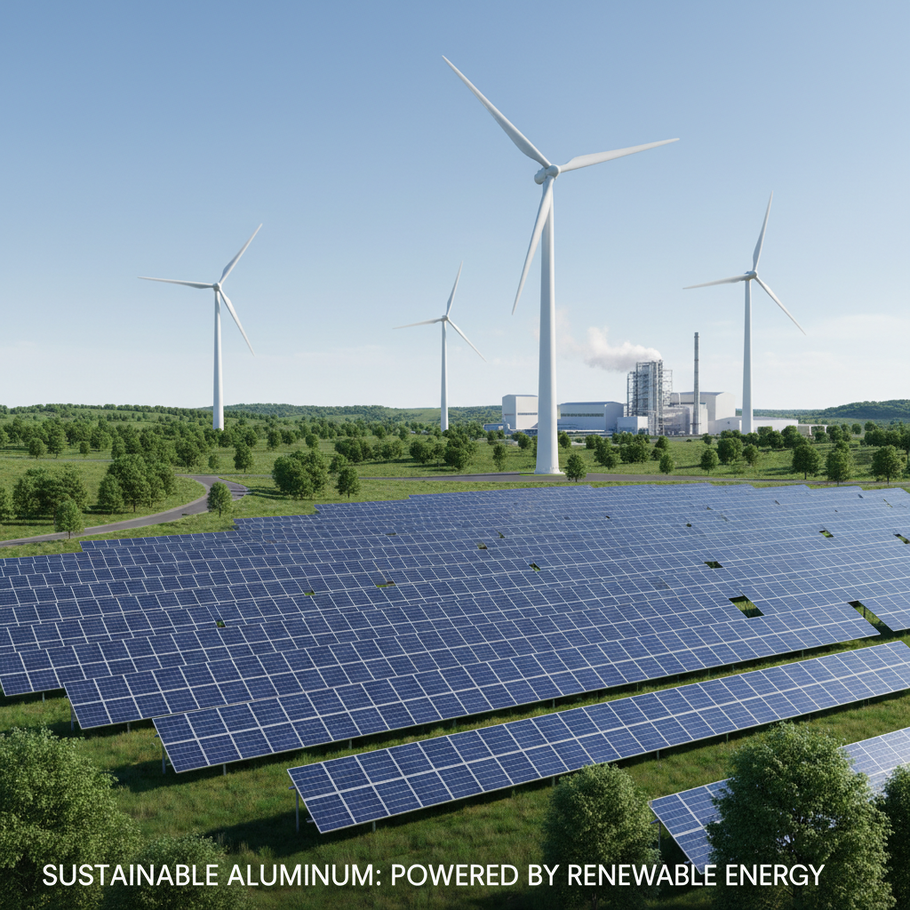 Solar panels and wind turbines in bright daylight representing renewable energy for sustainable aluminum production