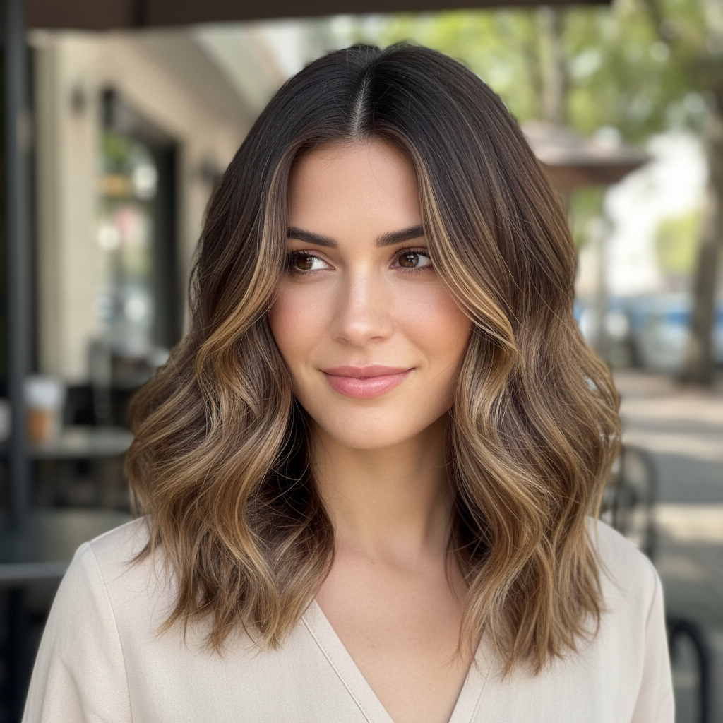 Dimensional brunette with scattered highlights and lived-in texture