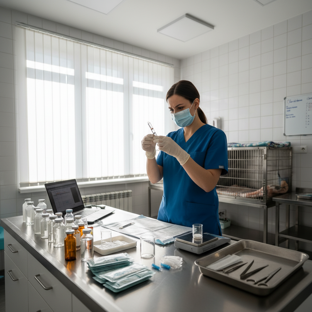 Exotic animal veterinarian preparing anesthesia equipment in clinical setting