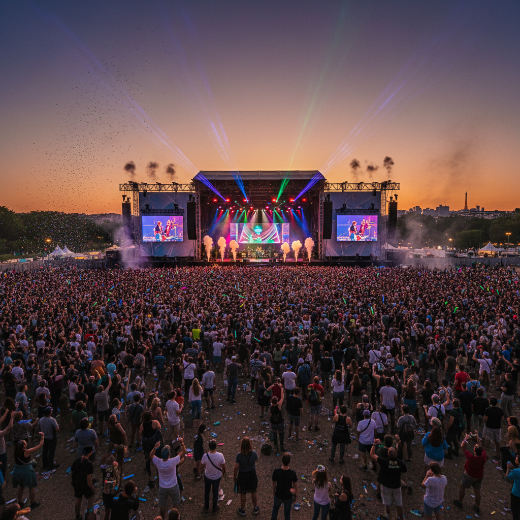 Outdoor music festival at sunset, large crowd gathered on grass, stage with colorful lights