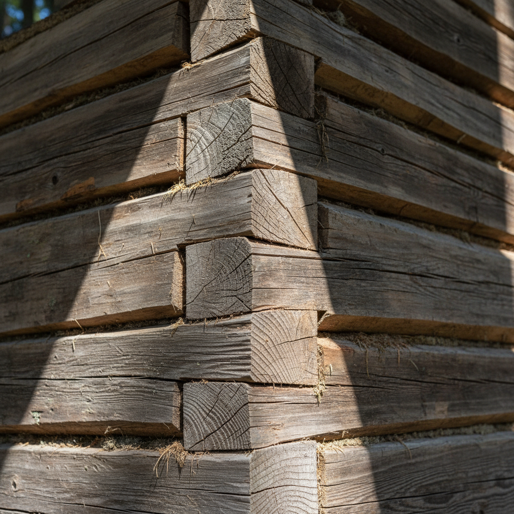 Dovetail corner notch detail on a hand-hewn log cabin wall showing tight joinery