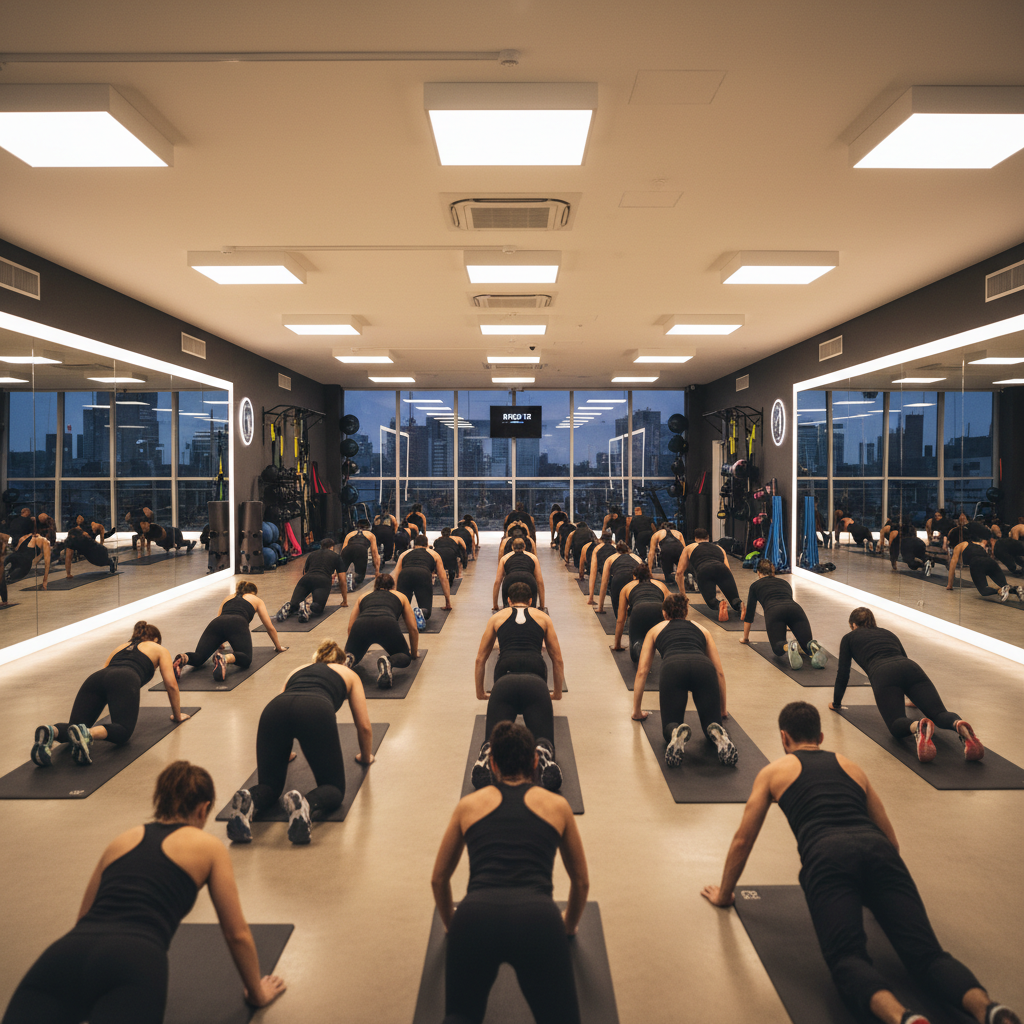 Group fitness class warming up together, bright modern sports hall