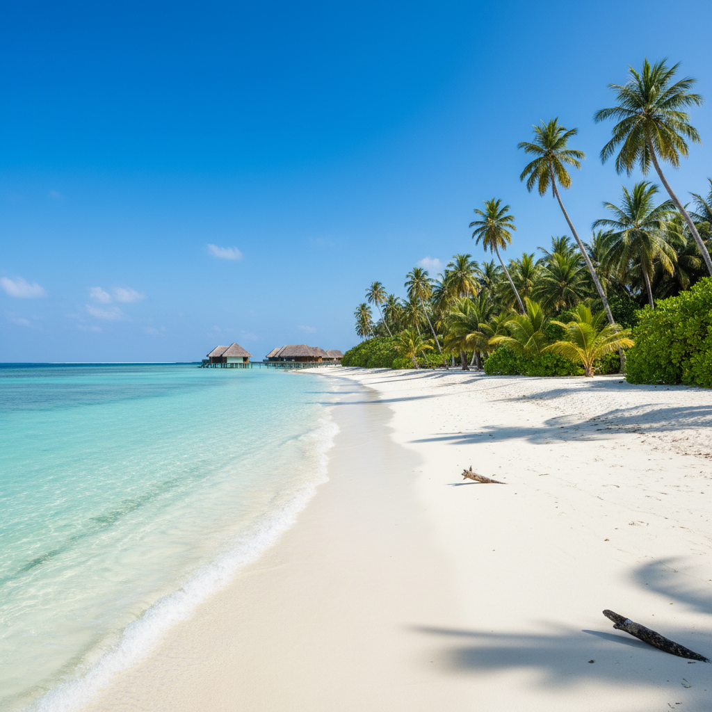 Maldives overwater bungalows at sunrise, crystal turquoise water, white sand, pastel pink and orange sky