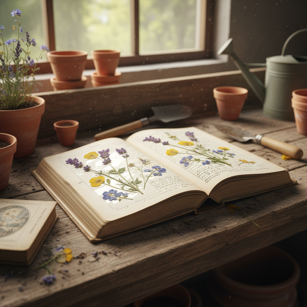 Worn almanac open on a farmhouse potting bench, pressed wildflower between pages, handwritten margin notes visible in soft morning light